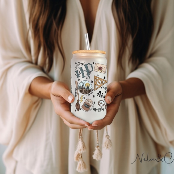 Harry Potter  16oz Frosted Libbey Glass Can with Bamboo Lid and Straw - Picture 5 of 5